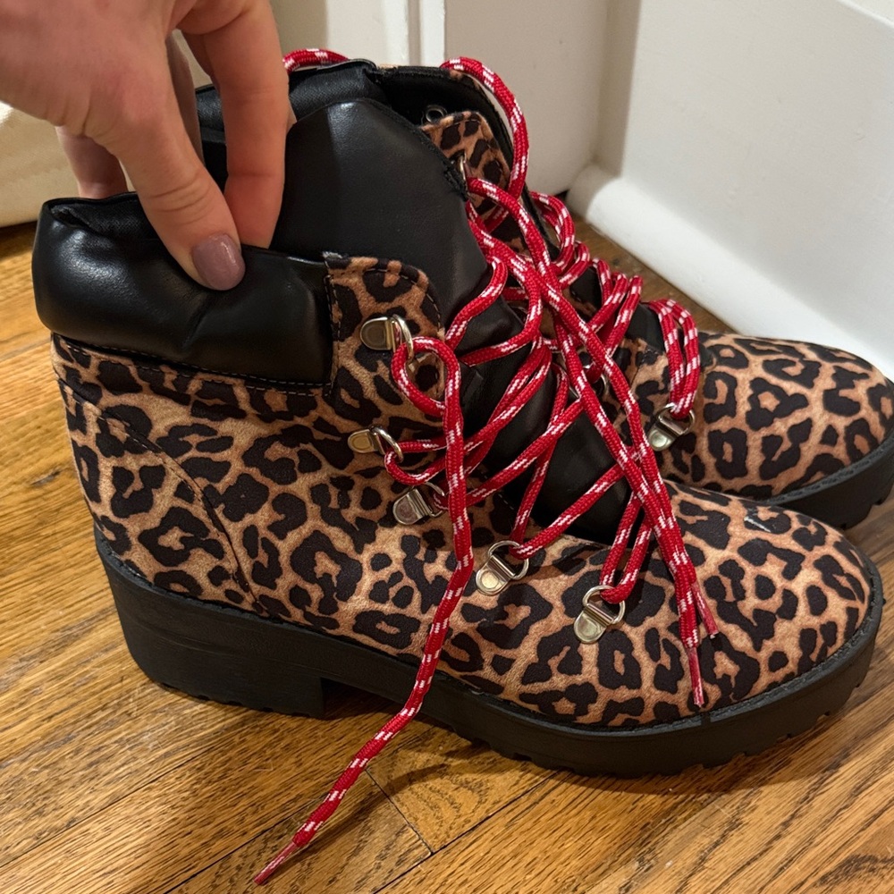 Qupid Leopard Print Combat Boots with Red Laces